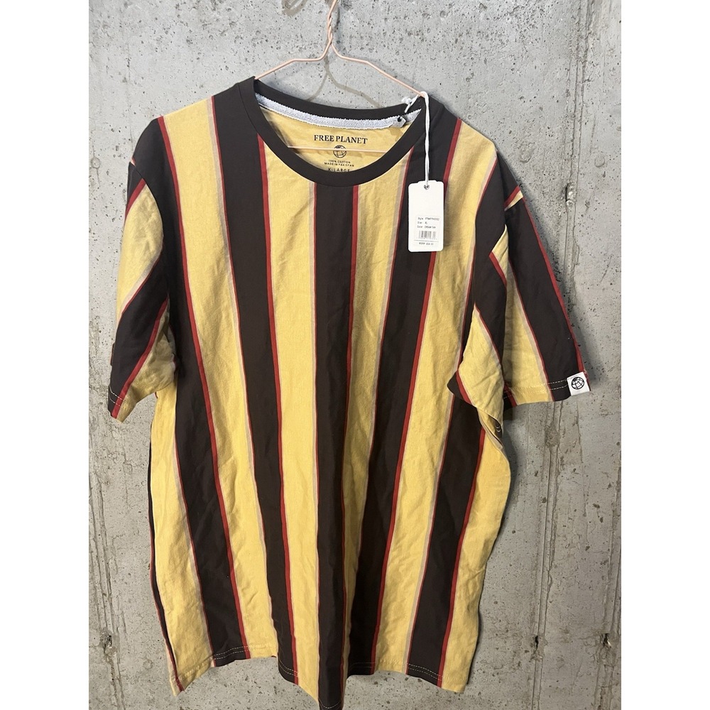NWT Free Planet Mens T-shirt Large Brown/Yellow/Red Striped Short‎ Sleeve XL